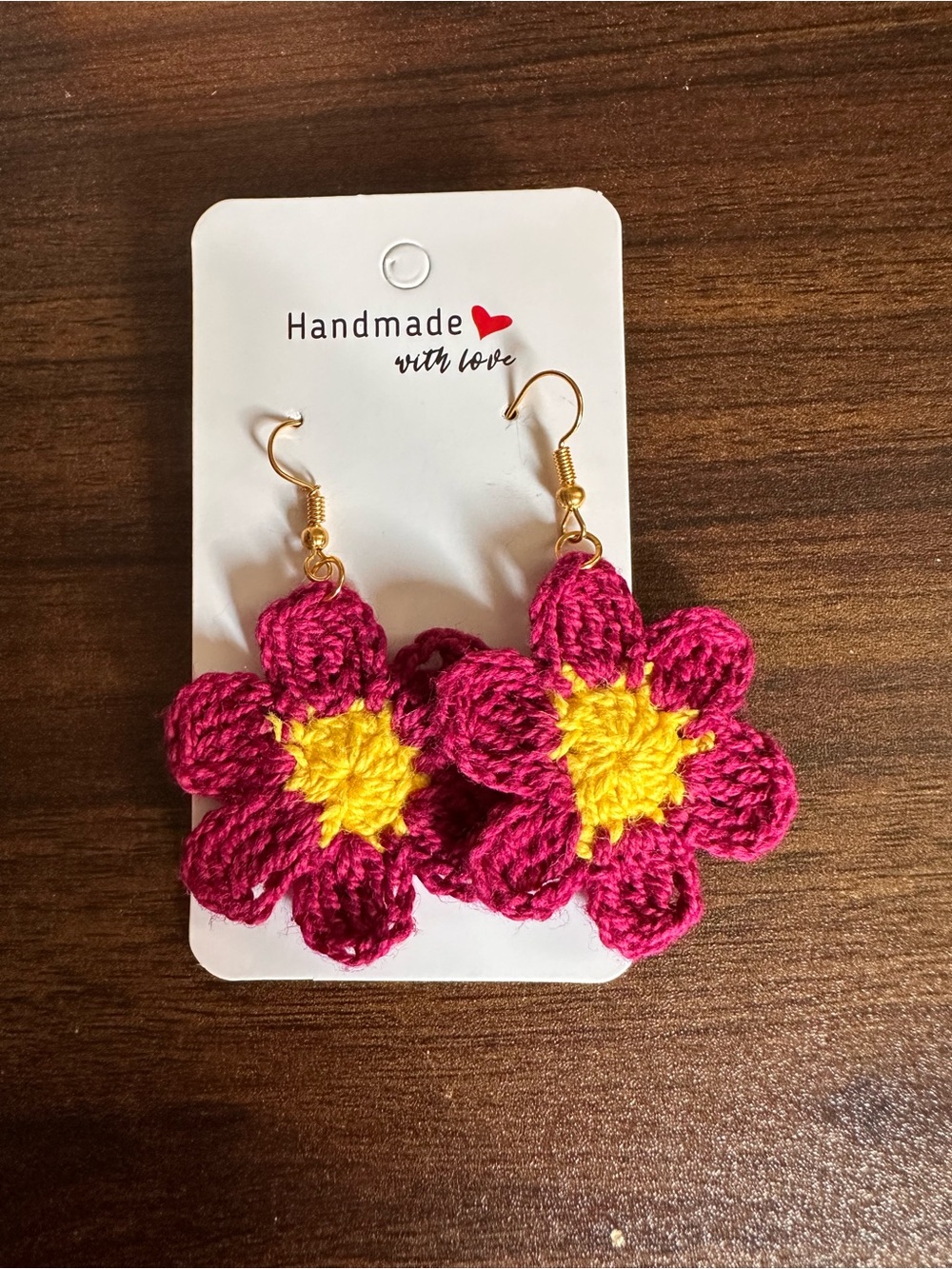 Handmade Crochet Flower Dangle Earrings - Pink and Yellow